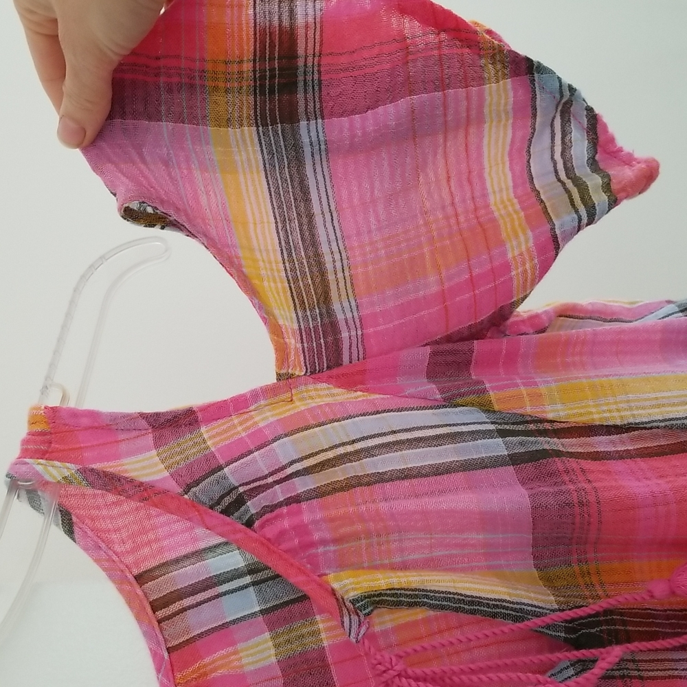 Pink Plaid Madras Open Shoulder Short Sleeved Bohemian Top with Tassel Ties - Picture 5 of 9
